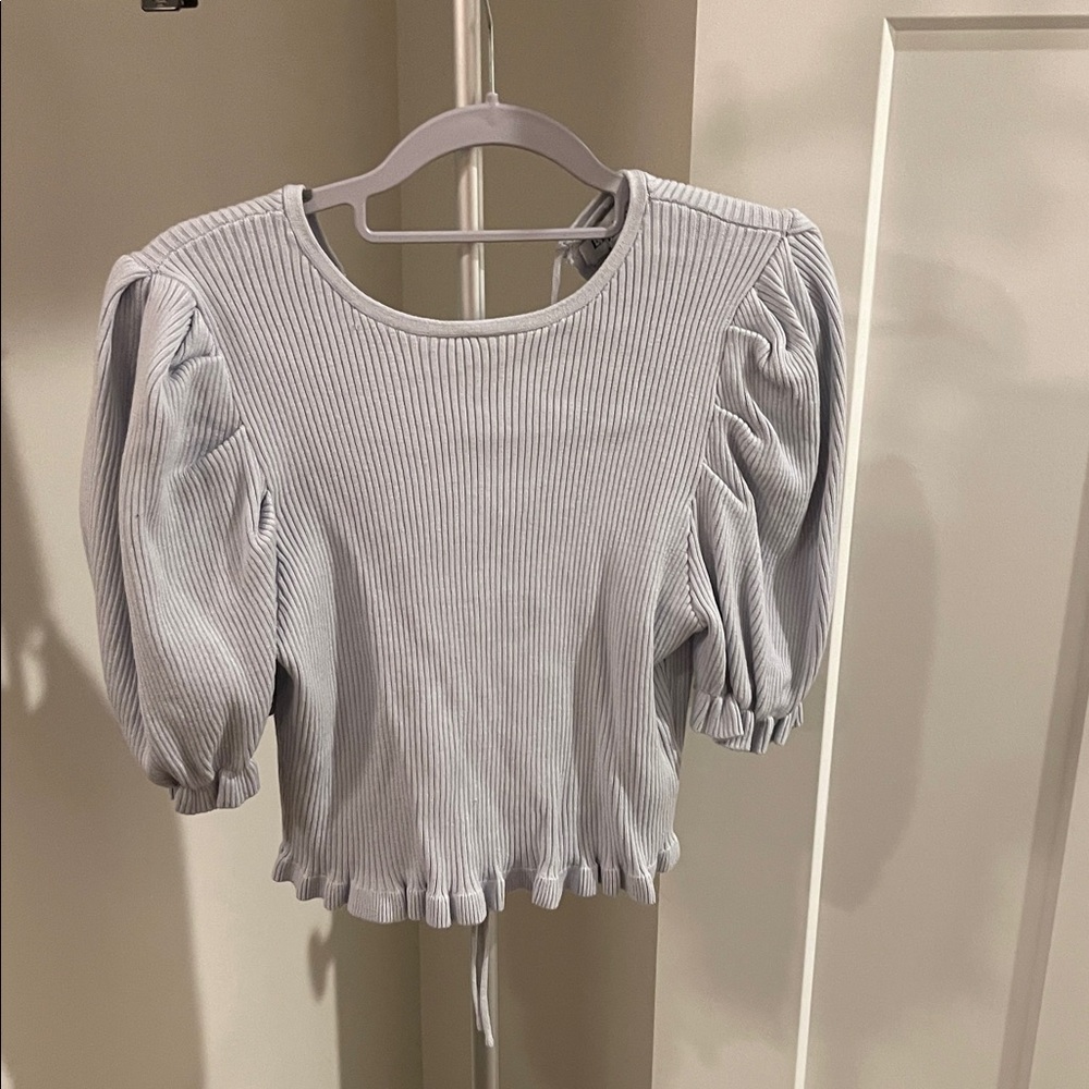 Anthropologie Ribbed Puff Sleeve Blouse - Light Gray